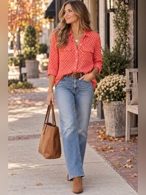 Gap Boyfriend Fit Coral White Print Cotton Button Down Shirt Size S